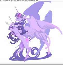 Size: 1564x1603 | Tagged: safe, artist:costly, derpibooru import, twilight sparkle, twilight sparkle (alicorn), alicorn, pony, crying, eyes closed, female, imminent death, mare, rearing, solo, sword, unshorn fetlocks, weapon, wip