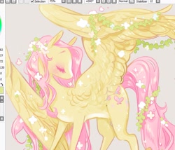 Size: 1383x1185 | Tagged: safe, artist:costly, derpibooru import, fluttershy, pegasus, pony, eyes closed, female, flower, flower in hair, mare, solo, spread wings, wings, wip