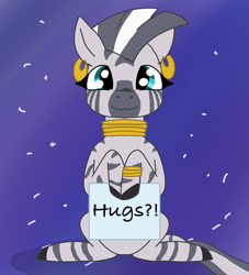 Size: 1998x2198 | Tagged: safe, anonymous artist, derpibooru exclusive, derpibooru import, zecora, zebra, bracelet, ear piercing, earring, jewelry, looking at you, necklace, piercing, sign, sitting, solo, text