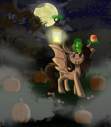 Size: 2177x2495 | Tagged: safe, artist:small-brooke1998, derpibooru import, oc, oc:small brooke, bat, fruit bat, hybrid, pony, undead, unicorn, vampire, vampire fruit bat, vampony, apple, dead tree, field, food, full moon, lantern, moon, night, nightmare night, pumpkin, special drawing, spooky, tree