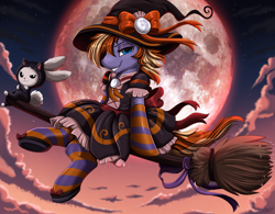 Size: 3909x3050 | Tagged: safe, artist:pridark, derpibooru import, oc, oc only, pony, rabbit, animal, broom, clothes, duo, full moon, hat, male, moon, socks, stallion, striped socks, witch hat