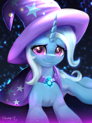 Size: 1792x2389 | Tagged: safe, artist:darksly, derpibooru import, trixie, pony, unicorn, g4, brooch, cape, clothes, cute, diatrixes, female, hat, high res, horn, jewelry, looking at you, mare, signature, smiling, smiling at you, solo, trixie's brooch, trixie's cape, trixie's hat, wizard hat