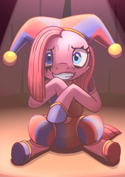 Size: 1050x1485 | Tagged: safe, artist:candy meow, derpibooru import, pinkie pie, earth pony, pony, clothes, crossover, curtains, female, grin, hat, jester, jester hat, mare, nervous, nervous smile, pinkamena diane pie, pomni, sitting, smiling, solo, spotlight, the amazing digital circus