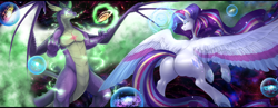 Size: 4500x1750 | Tagged: safe, alternate version, artist:nsfwbonbon, derpibooru import, rarity, spike, alicorn, dragon, pony, unicorn, g4, adult, adult spike, alicornified, ascension enhancement, bigger than a galaxy, butt, claws, ethereal wings, female, frog (hoof), giant pony, giant rarity, giant unicorn, giantess, glowing, glowing eyes, glowing horn, goddess, gradient eyes, high res, horn, large butt, large wings, letterboxing, lip bite, macro, magic, male, married couple, mega giant, mega rarity, mega spike, older, older spike, planet, plot, pony bigger than a planet, race swap, rainbow power, raricorn, runes, scales, shipping, smiling, smirk, space, sparity, straight, underhoof, wide hips, wing claws, winged spike, wings