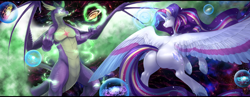 Size: 920x358 | Tagged: safe, alternate version, artist:nsfwbonbon, derpibooru import, rarity, spike, alicorn, dragon, pony, unicorn, g4, adult, adult spike, alicornified, ascension enhancement, bigger than a galaxy, butt, claws, ethereal wings, female, frog (hoof), giant pony, giant rarity, giant unicorn, giantess, glowing, glowing eyes, glowing horn, goddess, gradient eyes, horn, large butt, large wings, letterboxing, lip bite, macro, magic, male, married couple, mega giant, mega rarity, mega spike, older, older spike, planet, plot, pony bigger than a planet, race swap, rainbow power, raricorn, runes, scales, shipping, smiling, smirk, space, sparity, straight, underhoof, wide hips, wing claws, winged spike, wings