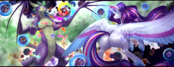 Size: 4500x1750 | Tagged: safe, alternate version, artist:nsfwbonbon, derpibooru import, rarity, spike, alicorn, dragon, pony, unicorn, g4, adult, adult spike, alicornified, ascension enhancement, bigger than a universe, butt, claws, ethereal wings, female, frog (hoof), giant pony, giant rarity, giant unicorn, giantess, glowing, glowing eyes, glowing horn, goddess, gradient eyes, high res, horn, large butt, large wings, letterboxing, lip bite, macro, magic, male, married couple, mega giant, mega rarity, mega spike, older, older spike, planet, plot, pony bigger than a planet, race swap, rainbow power, raricorn, runes, scales, shipping, smiling, smirk, space, sparity, straight, underhoof, wide hips, wing claws, winged spike, wings