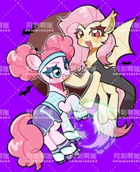 Size: 1748x2155 | Tagged: safe, artist:hedgehog29271, derpibooru import, fluttershy, pinkie pie, bat, bat pony, pegasus, pony, scare master, afro puffs, bat ponified, chest fluff, clothes, costume, cute, diapinkes, duo, fangs, female, flutterbat, mare, nightmare night, nightmare night costume, open mouth, pinkie puffs, race swap, roller skates, shyabetes, skates, tongue, tongue out, watermark