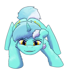 Size: 1703x1844 | Tagged: safe, artist:gosha305, derpibooru import, lyra heartstrings, pony, unicorn, action pose, ass up, cheek fluff, ears, female, floppy ears, full body, glare, grin, horn, looking at you, mare, multicolored hair, pounce, simple background, smiling, solo, transparent background