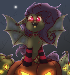 Size: 1120x1198 | Tagged: safe, artist:sonyager, derpibooru import, fluttershy, bat pony, pony, undead, vampire, accessory, bat ponified, clothes, cute, female, flutterbat, halloween, holiday, jack-o-lantern, looking at you, mare, pumpkin, race swap, simple background, slit eyes, smiling, smiling at you, socks, solo, striped socks