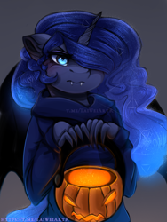 Size: 1125x1500 | Tagged: safe, artist:taiweiart, derpibooru import, princess luna, alicorn, anthro, bat pony, bat pony alicorn, angry, bat wings, claws, clothes, constellation, fangs, female, gray background, halloween, holiday, horn, jack-o-lantern, pumpkin, pumpkin bucket, simple background, solo, wings