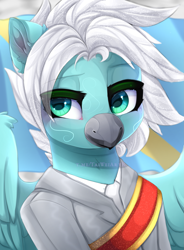 Size: 1835x2500 | Tagged: safe, artist:taiweiart, derpibooru import, oc, oc:brisk wave, hippogriff, bust, clothes, commission, hippogriff oc, portrait, sash, solo, suit