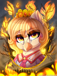 Size: 1875x2500 | Tagged: safe, artist:taiweiart, derpibooru import, oc, oc only, oc:grover vi, griffon, equestria at war mod, bust, clothes, female, fire, forest, glasses, portrait, rule 63, solo