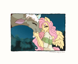 Size: 1853x1515 | Tagged: safe, artist:antonarcana, derpibooru import, discord, fluttershy, anthro, draconequus, pegasus, boop, cute, discoshy, eyes closed, female, male, mare, noseboop, open mouth, scene interpretation, shipping, smiling, spirited away, spread wings, straight, wings