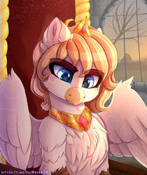 Size: 2098x2500 | Tagged: safe, artist:taiweiart, derpibooru import, oc, oc:grover vi, griffon, equestria at war mod, bust, chest fluff, female, jewelry, peytral, portrait, regalia, rule 63, solo, throne