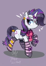 Size: 1240x1754 | Tagged: safe, artist:jully-park, derpibooru import, rarity, pony, unicorn, clothes, ear piercing, earring, eyeshadow, female, frown, gameloft, gameloft interpretation, goth, jewelry, makeup, mare, piercing, scarf, simple background, socks, solo, striped socks