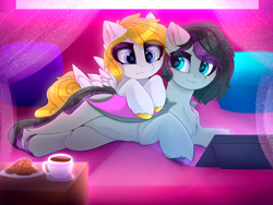 Size: 2666x2000 | Tagged: safe, artist:taiweiart, derpibooru import, oc, oc only, bat pony, pegasus, pony, bed, cookie, cup, curtains, drink, duo, female, food, lying down, mare, pillow, plate, prone, tablet