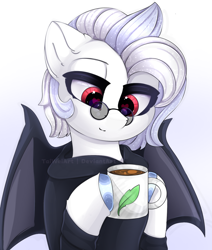 Size: 1274x1500 | Tagged: safe, artist:taiweiart, derpibooru import, oc, oc only, bat pony, pony, clothes, food, glasses, heart, heart eyes, hoodie, mug, simple background, solo, tea, wingding eyes