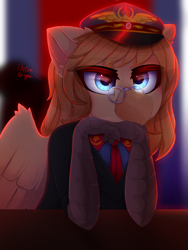 Size: 1500x2000 | Tagged: safe, artist:taiweiart, derpibooru import, oc, oc only, oc:grover vi, griffon, equestria at war mod, bust, clothes, female, glasses, hat, necktie, peaked cap, portrait, rule 63, solo, suit