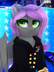 Size: 1500x2000 | Tagged: safe, artist:taiweiart, derpibooru import, oc, oc only, oc:cynder dragoneye, alicorn, pony, alicorn oc, city, clothes, female, horn, mare, military uniform, solo, uniform, wings