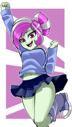 Size: 1725x3034 | Tagged: safe, artist:nekojackun, derpibooru import, oc, oc only, oc:rosemile mulberry, human, equestria girls, belly button, clothes, hair bun, leg warmers, looking at you, midriff, open mouth, passepartout, schrödinger's pantsu, skirt, smiling, sweater