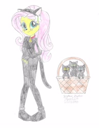 Size: 2550x3300 | Tagged: safe, artist:elsie1234, derpibooru import, part of a set, fluttershy, cat, human, equestria girls, basket, black cat, clothes, colored sketch, costume, halloween, halloween costume, holiday, prop, simple background, sketch, solo, white background