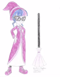 Size: 2550x3300 | Tagged: safe, artist:elsie1234, derpibooru import, part of a set, sci-twi, twilight sparkle, human, equestria girls, broom, clothes, colored sketch, costume, female, glasses, halloween, halloween costume, prop, simple background, sketch, solo, white background, witch