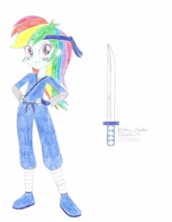 Size: 2550x3300 | Tagged: safe, artist:elsie1234, derpibooru import, part of a set, rainbow dash, human, equestria girls, clothes, colored sketch, costume, female, halloween, halloween costume, headband, holiday, katana, kenjutsu, ninja, prop, simple background, sketch, solo, sword, weapon, white background