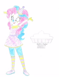 Size: 2550x3300 | Tagged: safe, artist:elsie1234, derpibooru import, part of a set, pinkie pie, human, equestria girls, arms in the air, clothes, clown, clown nose, colored sketch, costume, cream pie, face paint, female, food, halloween, halloween costume, hat, holiday, pie, prop, red nose, simple background, sketch, solo, white background