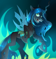 Size: 4000x4200 | Tagged: safe, artist:kopotb, derpibooru import, queen chrysalis, changeling, changeling queen, pony, g4, antagonist, bipedal, fangs, female, fire, looking at you, mare, open mouth, solo, spread wings, wings