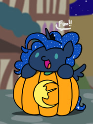 Size: 1350x1800 | Tagged: safe, artist:flutterluv, derpibooru import, pinkie pie, princess luna, alicorn, pony, alternate hairstyle, halloween, holiday, jack-o-lantern, night, nightmare night, ponyville, pumpkin, smiling, solo, that pony sure does love fun