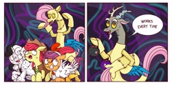 Size: 4268x2112 | Tagged: safe, alternate version, artist:syxpack, derpibooru import, apple bloom, discord, scootaloo, sweetie belle, bird, chicken, earth pony, pegasus, pony, troll, unicorn, 101 dalmatians, 2 panel comic, animal costume, applejack's hat, breaking the fourth wall, candy, chicken suit, clothes, comic, commission, commissioner:zcord, costume, cowboy, cowboy hat, cruella de vil, cutie mark crusaders, discord being discord, fangs, fluttershy suit, food, halloween, hat, holiday, implied applejack, implied lesbian, implied rainbow dash, implied rarijack, implied rarity, implied shipping, pumpkin bucket, running, scaring, scootachicken, simple background, story included, sweat, talking to viewer, the discord zone
