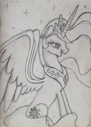 Size: 1906x2640 | Tagged: safe, derpibooru import, princess celestia, alicorn, pony, female, mare, monochrome, pencil drawing, solo, traditional art