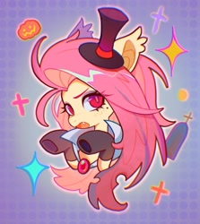 Size: 1553x1738 | Tagged: safe, artist:千雲九枭, derpibooru import, fluttershy, pony, abstract background, clothes, costume, halloween, holiday, open mouth, pumpkin, solo, sparkles