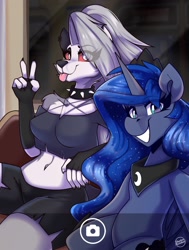 Size: 1700x2250 | Tagged: safe, artist:shadowreindeer, derpibooru import, princess luna, alicorn, anthro, :p, belly button, bust, eye clipping through hair, helluva boss, loona (helluva boss), metro, peace sign, portrait, red sclera, selfie, tongue, tongue out