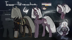 Size: 3287x1841 | Tagged: safe, artist:feelinnglad, derpibooru import, oc, oc:tess petrichor, unicorn, backpack, boots, clothes, injured, lichtenberg figure, lichtenberg scar, lightning, magic, reference sheet, scar, shoes, size comparison, tall