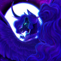 Size: 1024x1024 | Tagged: safe, artist:bluebrushcreations, derpibooru import, nightmare moon, princess luna, alicorn, pony, g4, blue eyes, blue mane, chanfron, curved horn, digital art, ear fluff, ears, ethereal mane, eyeshadow, fangs, feather, female, flowing mane, helmet, horn, lidded eyes, looking at you, makeup, mare, moon, moonlight, night, peytral, redraw, signature, sky, smiling, smiling at you, solo, sparkles, spread wings, starry mane, stars, teeth, wings