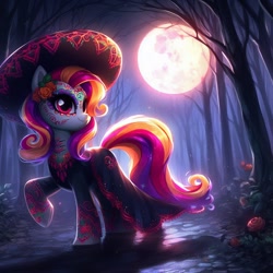 Size: 1024x1024 | Tagged: safe, ai content, derpibooru import, generator:dall-e 3, machine learning generated, alicorn, black dress, clothes, dia de los muertos, digital art, dress, hat, moon, multicolored mane, multicolored tail, red eyes, tail