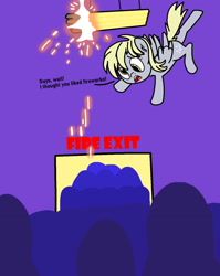 Size: 1200x1506 | Tagged: safe, derpibooru import, derpy hooves, pegasus, pony, bronycon, bronycon fire, burnycon, colored, convention, derp, dialogue, female, fire, flying, mare, scene interpretation, spread wings, wings