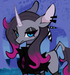 Size: 607x651 | Tagged: safe, artist:spacedkeys, derpibooru import, oleander, classical unicorn, unicorn, them's fightin' herds, clothes, cloven hooves, community related, ear piercing, female, goth, horn, jacket, leonine tail, looking at you, piercing, solo, unshorn fetlocks