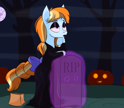 Size: 8000x7000 | Tagged: safe, artist:stoopedhooy, derpibooru import, oc, oc only, oc:aurelia coe, ghost, pony, undead, bag, bipedal, clothes, cosplay, costume, eyeshadow, goth, halloween, halloween costume, holiday, jack-o-lantern, leaning, lipstick, makeup, moon, morticia addams, paper bag, pumpkin, solo