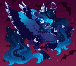 Size: 2048x1780 | Tagged: safe, artist:bishopony, derpibooru import, princess luna, alicorn, bat, pony, cloven hooves, colored wings, crescent horn, curved horn, ear piercing, earring, fangs, female, gradient background, hair over one eye, horn, jewelry, long feather, mare, multicolored wings, nightmare night, piercing, rearing, solo, spread wings, wings
