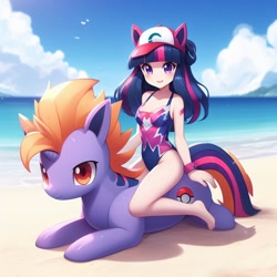Size: 1024x1024 | Tagged: safe, ai content, derpibooru import, generator:bing image creator, machine learning generated, human, beach, clothes, humans riding ponies, leotard, pokémon, riding, solo