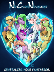 Size: 1387x1850 | Tagged: safe, artist:jamescorck, derpibooru import, braeburn, captain celaeno, cozy glow, feather bangs, ms. harshwhinny, princess cadance, shining armor, spike, tree hugger, windy whistles, blushing, crossed hooves, crystal heart, fanfic, fanfic art, fanfic cover, no clop november, older, older cozy glow, older spike