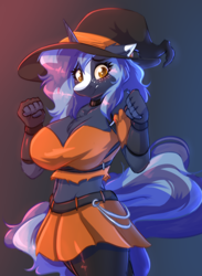 Size: 2928x4000 | Tagged: safe, artist:witchtaunter, derpibooru import, oc, oc:witching hour, anthro, blushing, clothes, costume, embarrassed, female, halloween, hat, holiday, rule 63, skirt, witch, witch hat