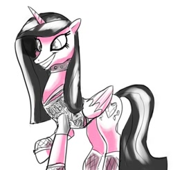 Size: 678x664 | Tagged: safe, artist:ara, derpibooru import, princess cadance, alicorn, black mane, choker, collar, doodle, evil cadance, eyeliner, fishnet stockings, goth, makeup, metal, simple background, solo, spiked choker, white background