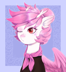 Size: 1250x1360 | Tagged: safe, artist:moewwur, artist:rin-mandarin, derpibooru import, oc, oc only, oc:nolinan, pegasus, pony, blue background, bust, clothes, horns, looking sideways, one eye closed, pegasus wings, pink hair, pink mane, portrait, red eyes, simple background, solo, stars, wings, wink