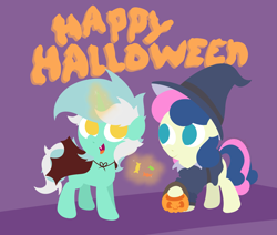 Size: 4123x3491 | Tagged: safe, artist:background basset, derpibooru import, bon bon, lyra heartstrings, sweetie drops, earth pony, pony, unicorn, candy, clothes, costume, duo, food, halloween, halloween costume, holiday, lineless, pumpkin bucket, simple background, text