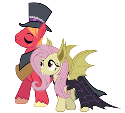 Size: 4000x3600 | Tagged: safe, anonymous artist, derpibooru import, big macintosh, fluttershy, earth pony, pegasus, pony, cloak, clothes, costume, dress, duo, duo male and female, eyeliner, eyes closed, female, flutterbat costume, fluttermac, hat, high res, mac the ripper, makeup, male, mare, nightmare night costume, shipping, simple background, smiling, spread wings, stallion, straight, top hat, transparent background, vector, wings