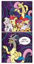 Size: 2216x4122 | Tagged: safe, alternate version, artist:syxpack, derpibooru import, apple bloom, discord, scootaloo, sweetie belle, bird, chicken, earth pony, pegasus, pony, troll, unicorn, 101 dalmatians, 2 panel comic, animal costume, applejack's hat, breaking the fourth wall, candy, chicken suit, clothes, comic, commission, commissioner:zcord, costume, cowboy, cowboy hat, cruella de vil, cutie mark crusaders, discord being discord, fangs, fluttershy suit, food, halloween, hat, holiday, implied applejack, implied lesbian, implied rainbow dash, implied rarijack, implied rarity, implied shipping, pumpkin bucket, running, scaring, scootachicken, simple background, story included, sweat, talking to viewer, the discord zone, vertical