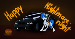 Size: 3538x1875 | Tagged: safe, artist:bumskuchen, derpibooru import, oc, oc:shifting gear, pony, unicorn, bmw, nightmare night, pumpkin, simple background, solo, vehicle